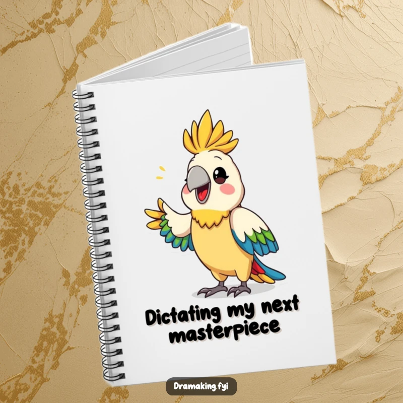 Funny parrot drama notebook featuring a proud, colorful parrot dramatically announcing something, ideal for note-taking and journaling.