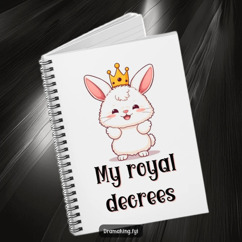 Funny Bunny King Notebook with a fluffy bunny character wearing a tiny crown and posing dramatically, for notes.