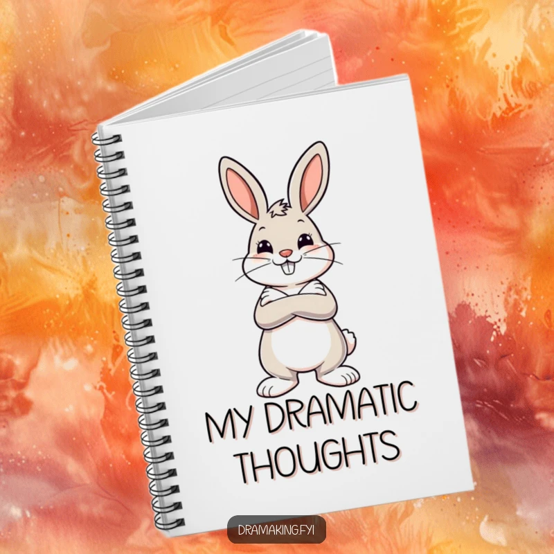 Funny notebook cover art of a cheerful bunny with crossed arms striking a dramatic pose, ready to capture bold thoughts.