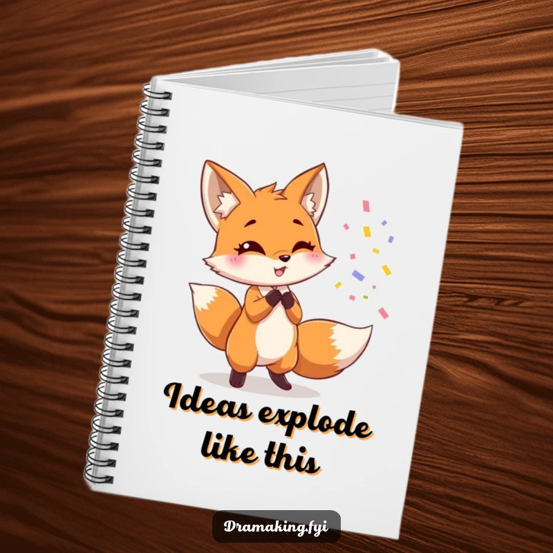 Funny fox notebook, showing a cute fox dramatically throwing confetti while posing, humorous stationery for capturing ideas.