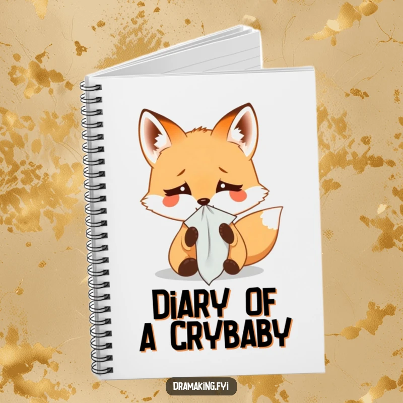 Funny notebook with a small fox dramatically weeping into a tiny handkerchief, perfect for journaling and jotting down thoughts with humor.