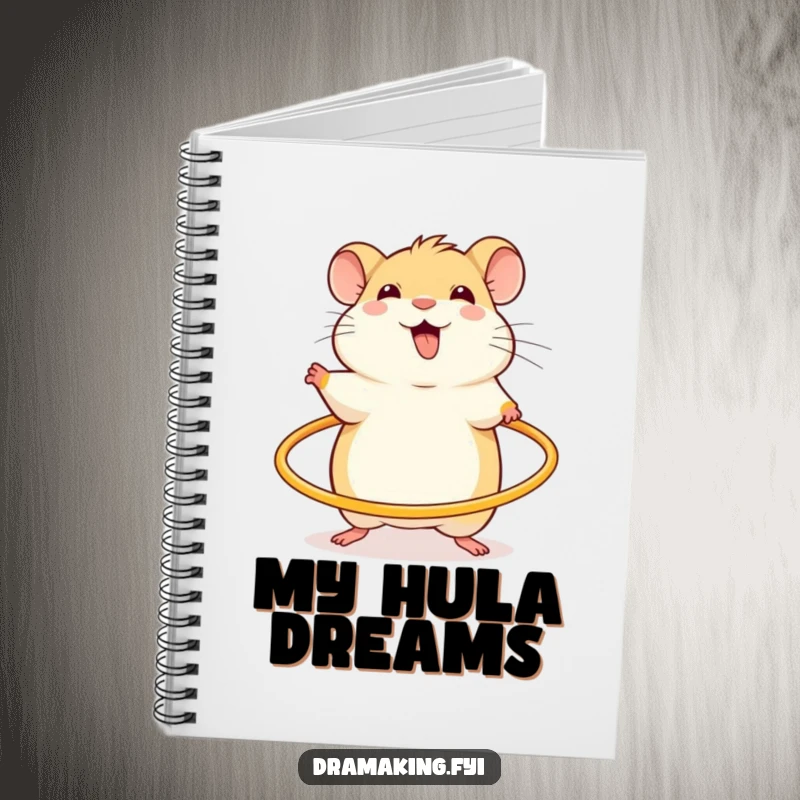 Funny notebook with a cheerful hamster, excited and spinning a miniature hula hoop, for jotting down energetic notes.
