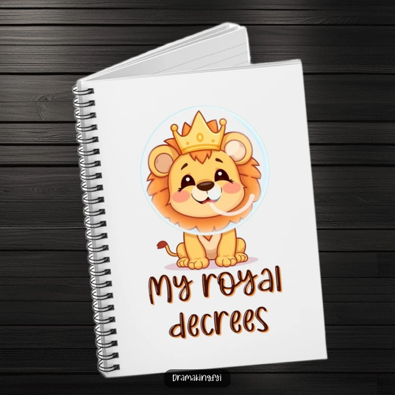 Funny lion cub notebook with a cheerful character blowing a soap bubble reflecting a crown, perfect for journaling and creative thoughts.