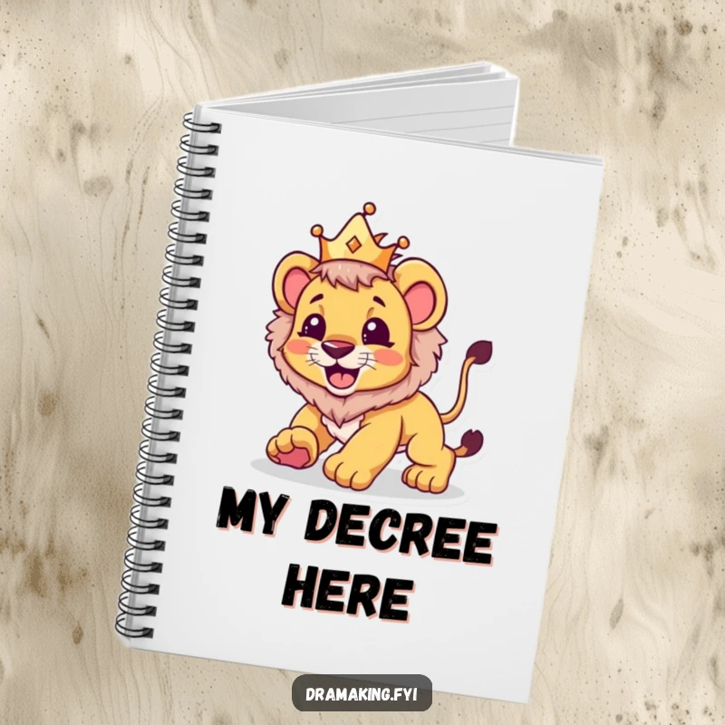 Funny notebook with a lion cub wearing a crown, playfully pouncing, perfect for jotting down bold ideas and notes.