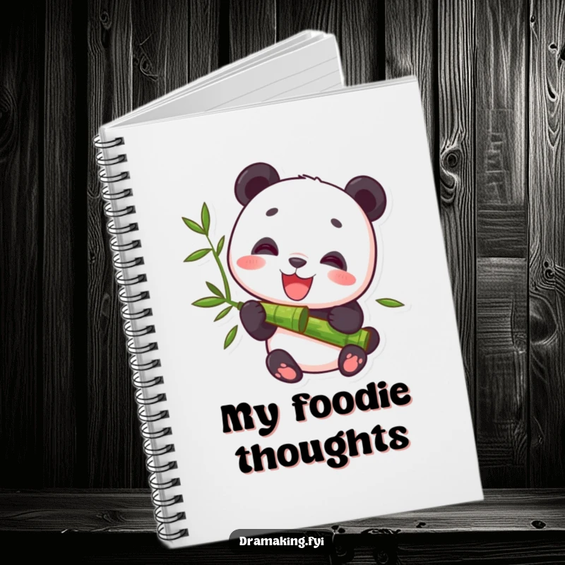 Funny Notebook with a cover displaying a delighted panda character peacefully munching bamboo, designed for calm journaling with humorous appeal.
