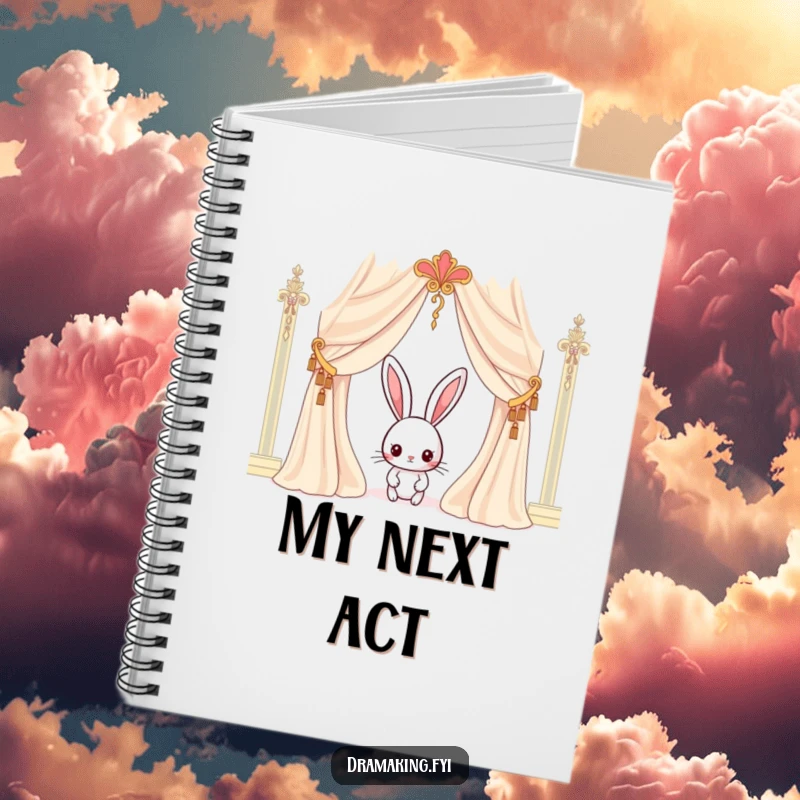 Funny rabbit notebook with a curious character peeking from behind an ornate curtain, perfect for planning and journaling ideas.