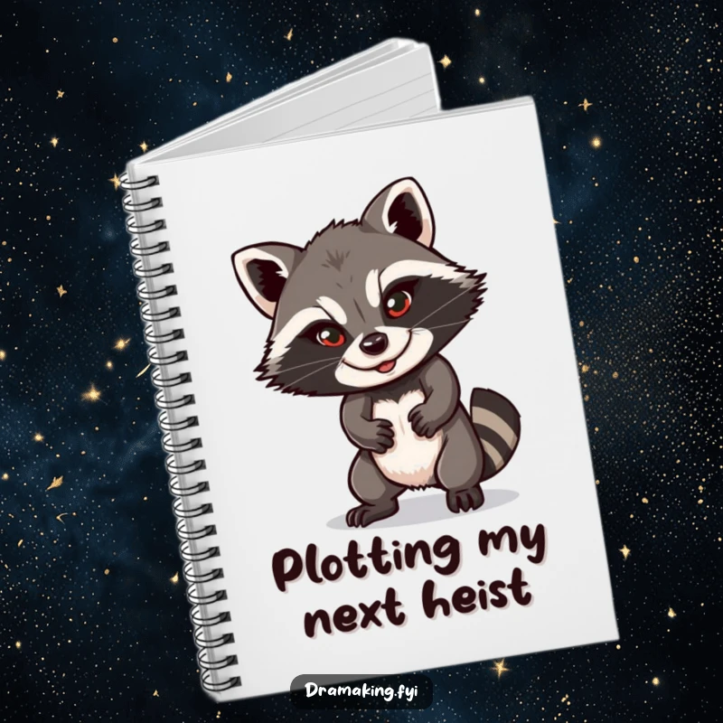 Funny raccoon notebook featuring a playful character in a dramatic pose with a sly smile, perfect for writing notes and daily planning.