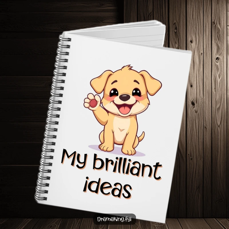 Funny notebook with a grinning puppy striking a humorous, raised-paw pose, great for notes.