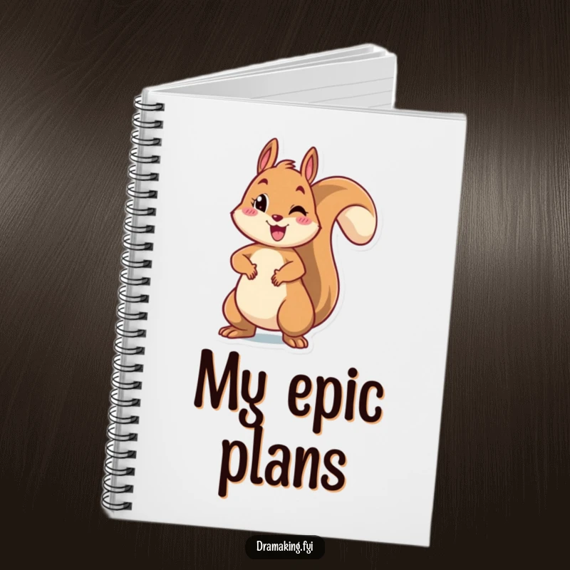 Funny notebook with a cheerful squirrel striking a dramatic pose with arms outstretched, perfect for jotting down ideas with humor.