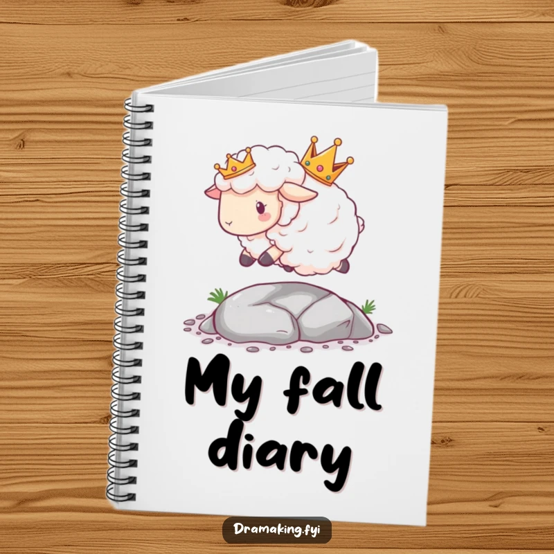 Funny Sheep Crown Notebook with a fluffy sheep wearing a crown tripping over a tiny pebble, perfect for notes and ideas.