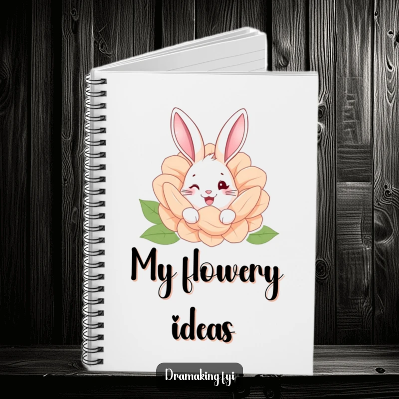 Funny notebook with a happy rabbit peeking from behind a giant flower, perfect for jotting down playful thoughts.