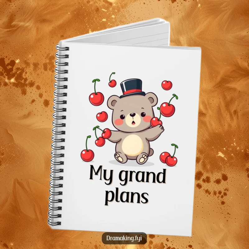 Funny Bear Notebook featuring a silly bear in a top hat juggling cherries, ideal for note-taking with a whimsical theme.