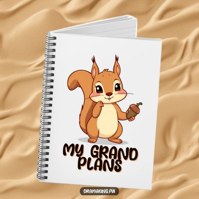 Funny squirrel notebook featuring a squirrel dramatically pointing an acorn scepter, inspiring regal thoughts and humorous notes.