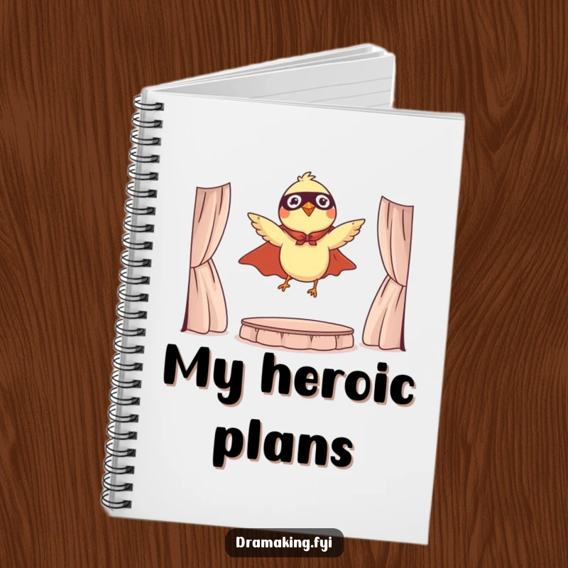 Funny notebook with a tiny bird in a cape leaping from a stage, perfect for jotting down heroic ideas.