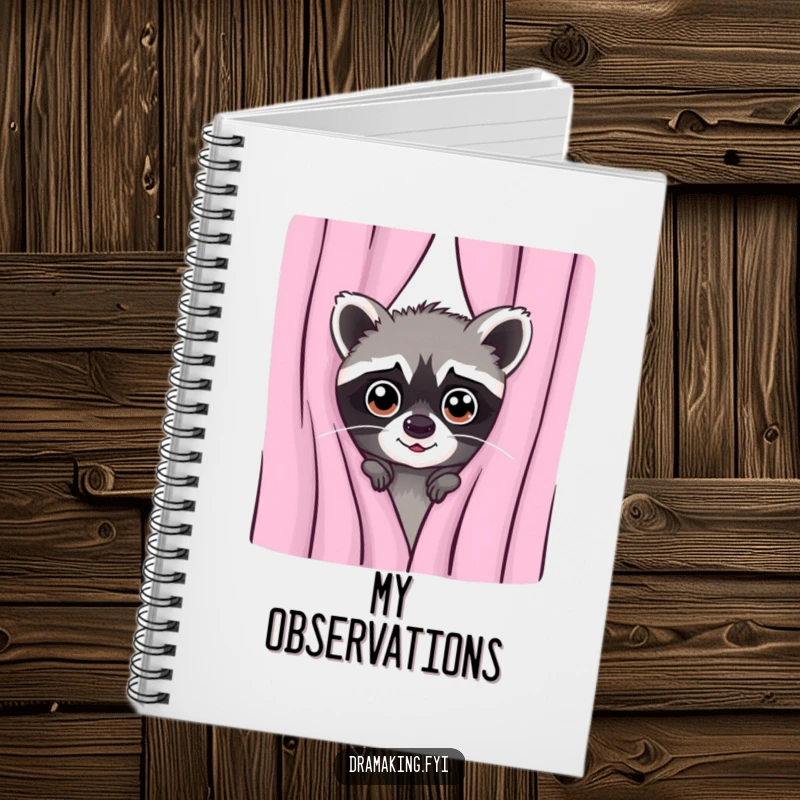 Funny notebook cover art of a mischievous raccoon peeking from behind a curtain with wide, observant eyes, ready for creative ideas.