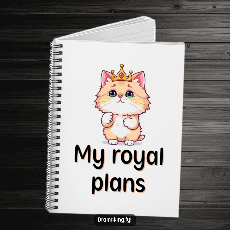 Funny notebook with a crowned cat pointing, ideal for jotting down humorous thoughts or creative ideas.