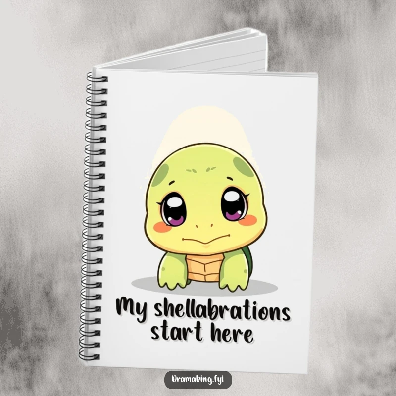 Funny shy turtle notebook featuring a turtle peeking its head out with wide, expressive eyes under a spotlight, perfect for journaling.