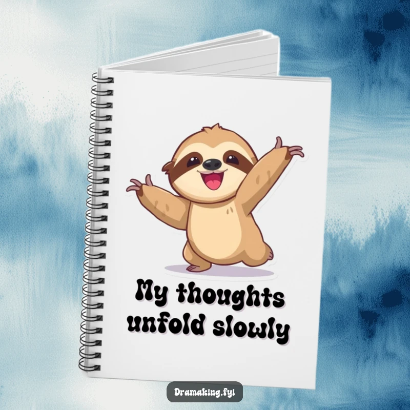Funny sloth notebook featuring a delighted character in an exaggerated, slow, dramatic pose, perfect for writing notes and planning.
