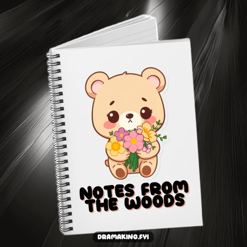 Funny notebook with a small bear holding flowers, looking very pleased with itself, perfect for notes and plans.