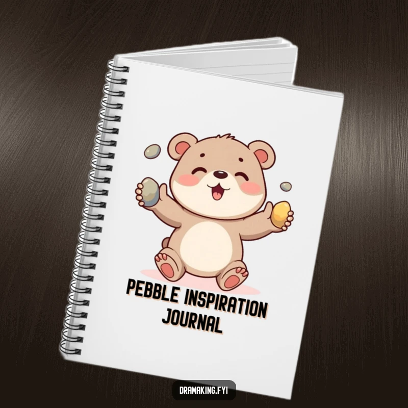 Funny notebook cover with a happy bear cub excitedly juggling three shiny pebbles, ideal for nature-themed notes.