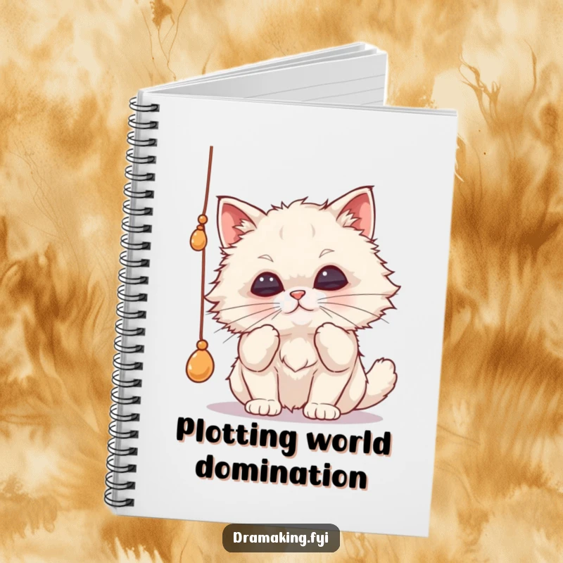 Funny cat notebook featuring a fluffy cat batting a string with pursed lips, inspiring playful thoughts and humorous notes.