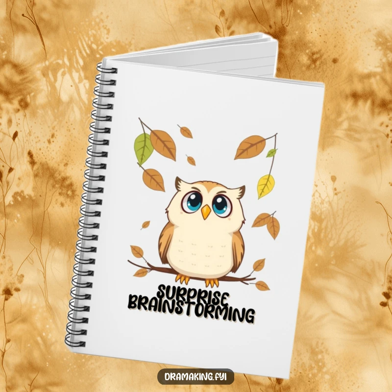 Funny Owl Notebook: Features a wide-eyed owl looking up in funny surprise at falling oversized leaves.