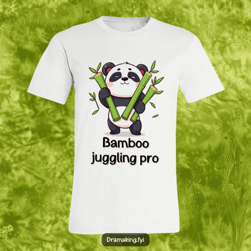 Funny panda t-shirt, winking panda character, juggling three oversized bamboo shoots with concentration and flair.