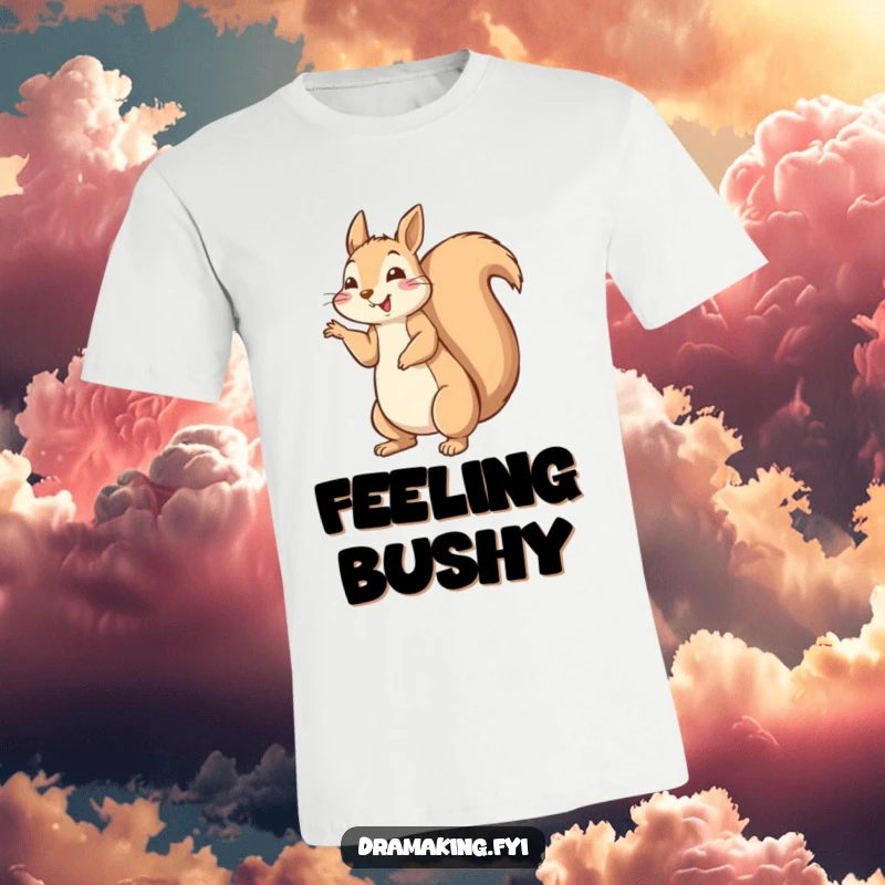 Funny happy squirrel t-shirt striking a dramatic pose with tail fluffed high, energetic and humorous apparel.