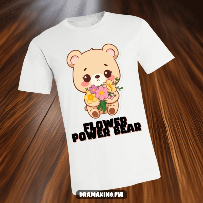 Funny t-shirt featuring a small bear holding a flower bouquet, looking immensely pleased with itself, radiating cute smugness.