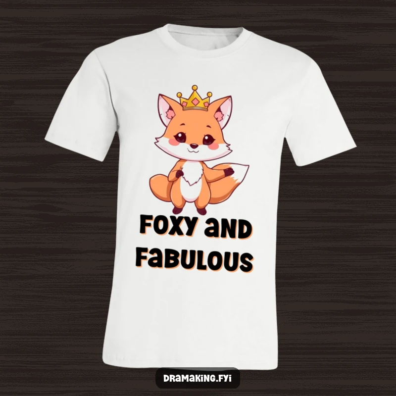 Funny t-shirt showcasing a cute fox with a crown, striking a dramatic pose with one paw extended, exuding royal charm.