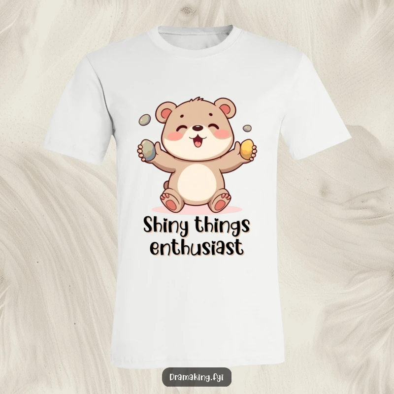 Funny t-shirt depicting a happy bear cub excitedly juggling three smooth pebbles, showcasing playful outdoor fun.