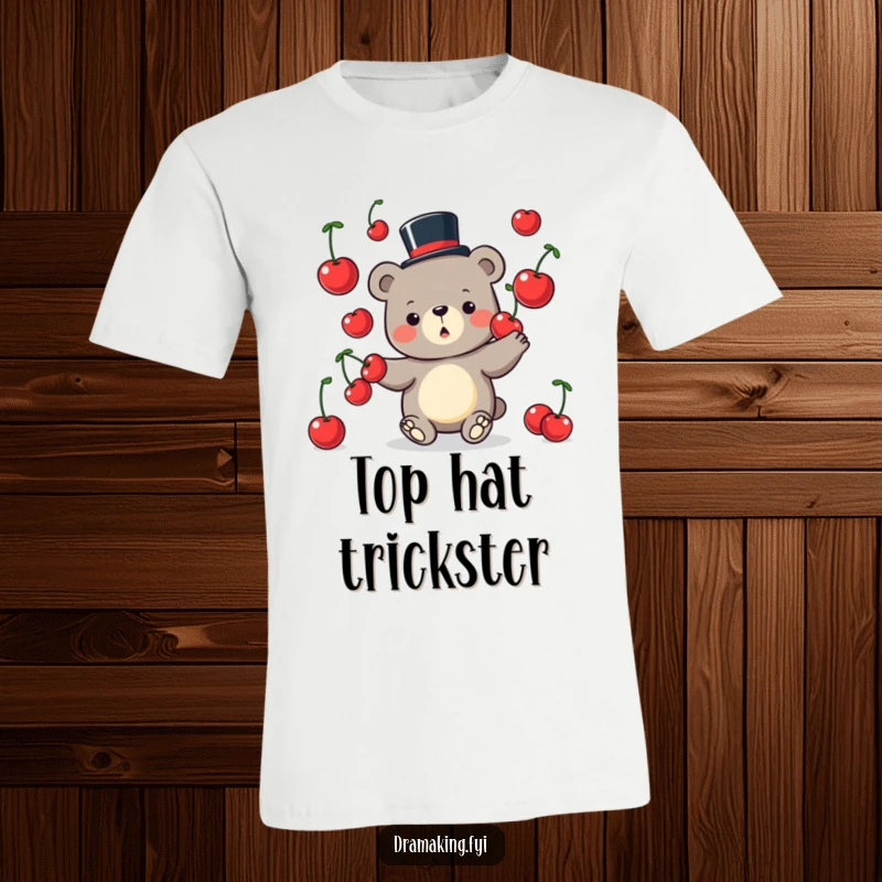 Funny Bear T-Shirt featuring a silly bear in a small top hat, humorously juggling large cherries, radiating playful energy.