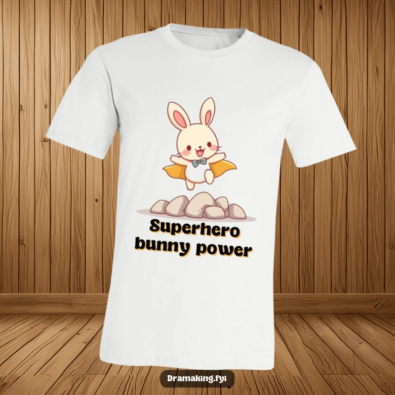 Funny t-shirt featuring a playful bunny wearing a cape, leaping over tiny imaginary obstacles, embodying fun and heroism.