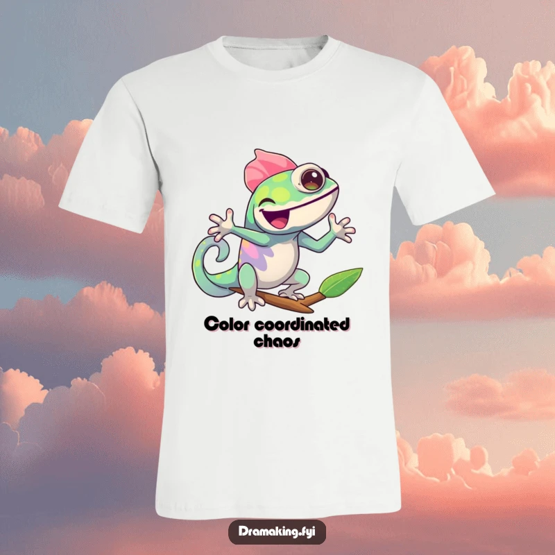 Funny Chameleon T-Shirt: A cheerful chameleon strikes a dramatic pose, joyfully shifting colors, perfect for humorous and vibrant apparel.