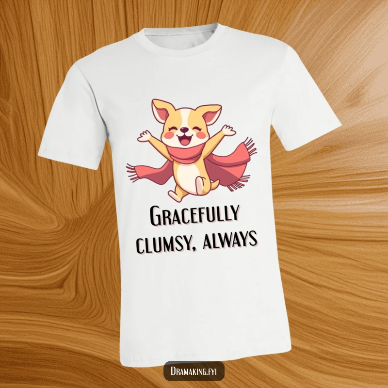 Funny dog ballet t-shirt featuring a joyful dog in a flamboyant scarf striking a dramatic mid-air ballet pose.