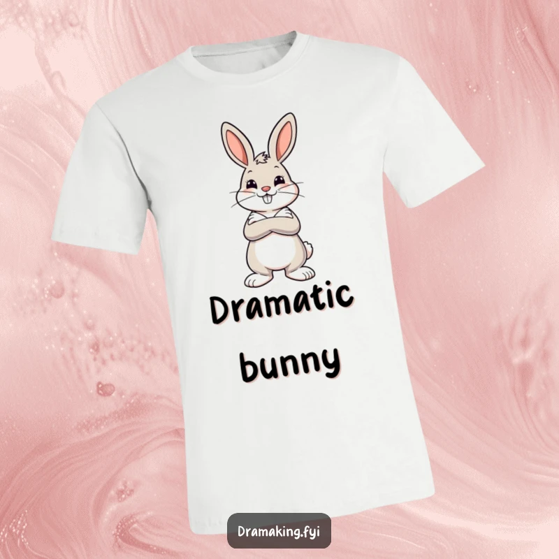 Funny T-shirt design of a cheerful bunny with crossed arms striking a dramatic pose, exuding confidence and playful defiance.