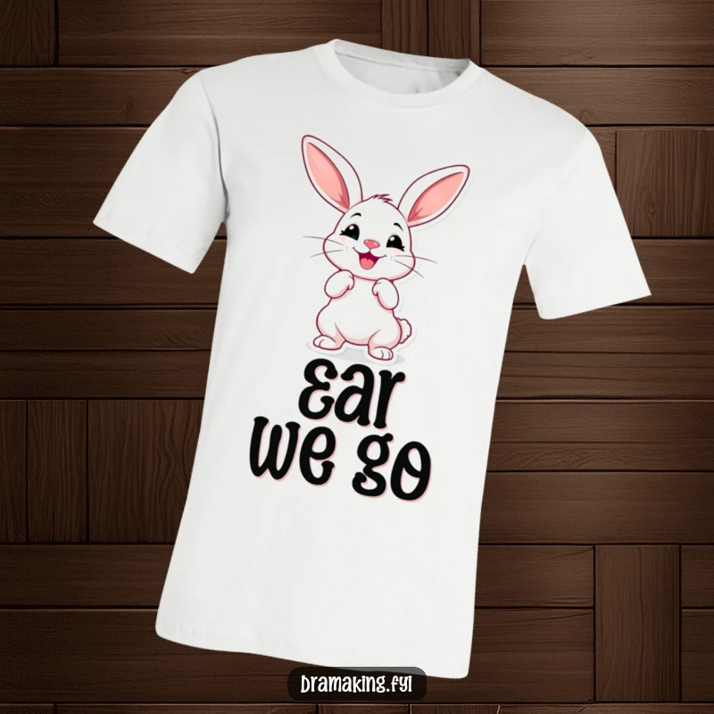 Funny cheerful rabbit t-shirt with oversized ears, striking a dramatic pose, bold and humorous statement apparel.