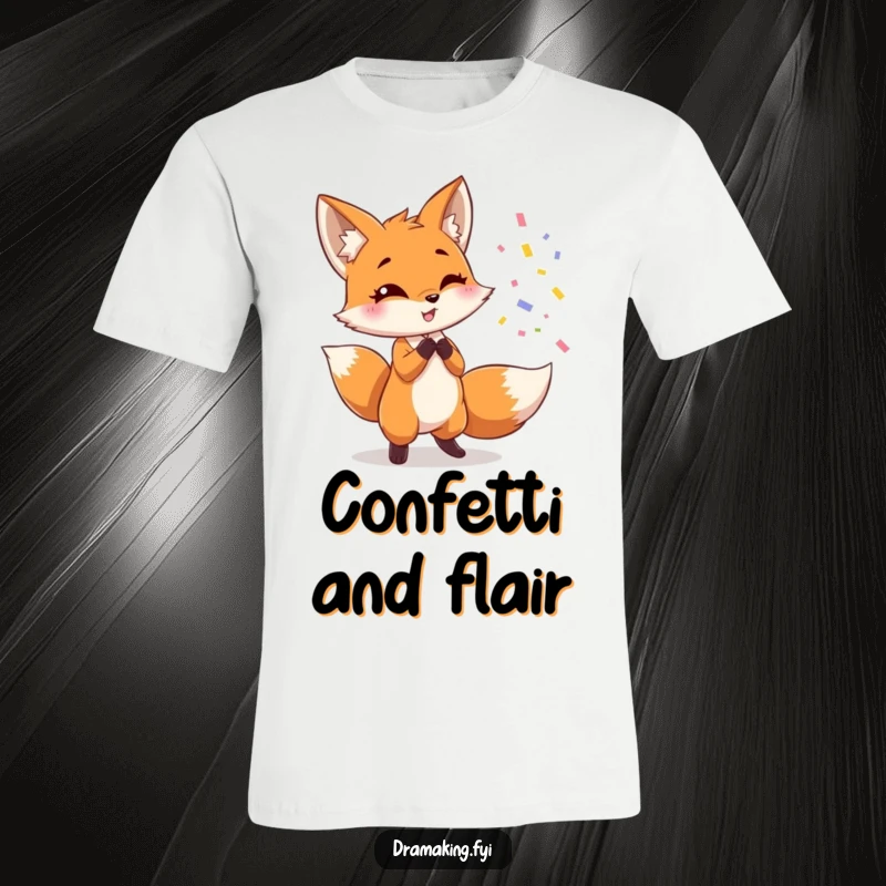 Funny fox t-shirt, depicting a cute fox dramatically throwing confetti while posing, humorous apparel for party lovers.