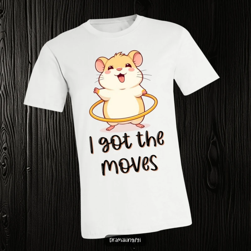 Funny t-shirt with a cheerful hamster, excited and spinning a miniature hula hoop, showcasing pet enthusiasm.