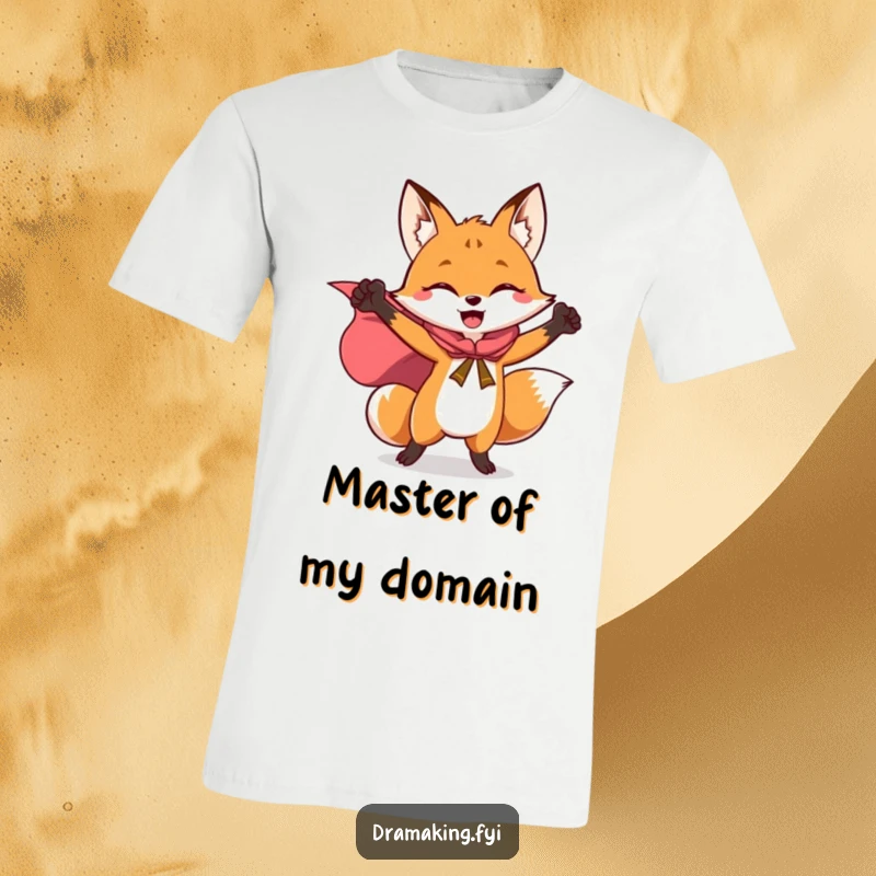 Funny t-shirt featuring a joyful fox in a superhero cape, striking a triumphant pose with its cape flowing dynamically.