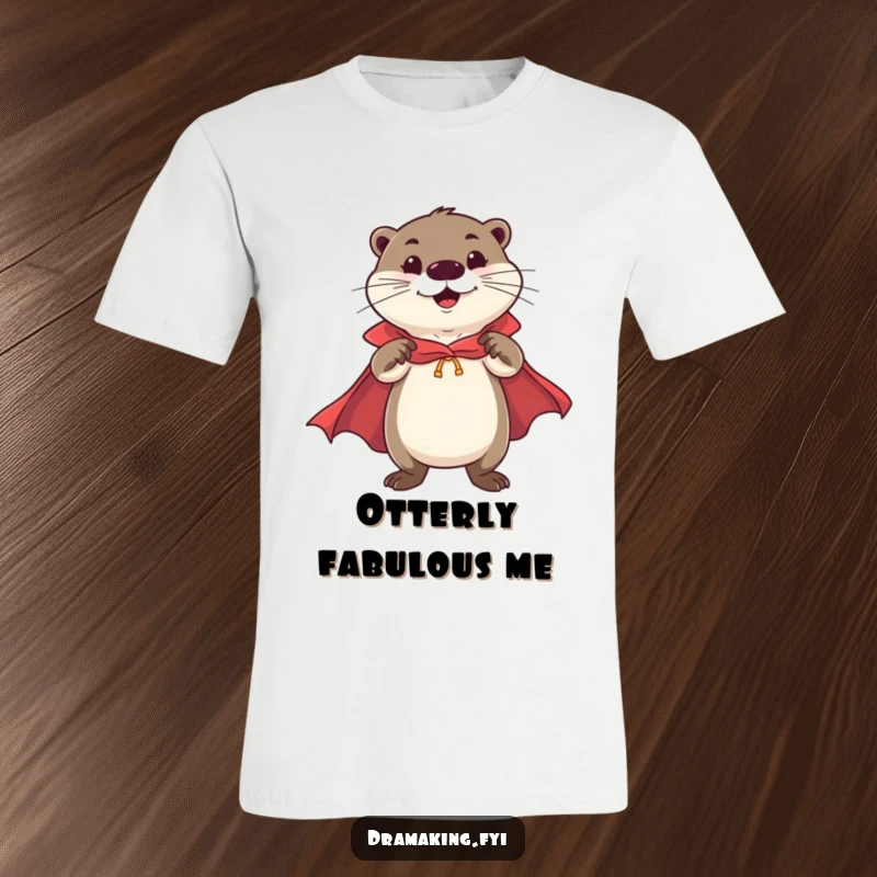 Funny Otter Hero T-Shirt with a cheerful otter in a cape striking a flamboyant, confident stance, embodying funny heroism.