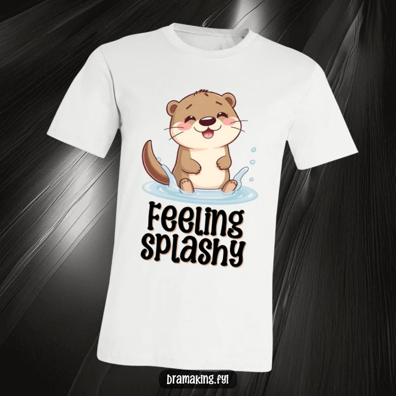 Funny otter character splashing joyfully in a puddle on a t-shirt, conveying happiness and carefree fun for a gift.