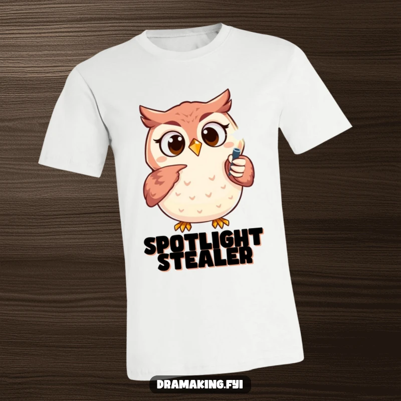 Funny owl t-shirt showing an excited character with wide eyes pointing at a sparkling spotlight, ideal for anyone chasing their dreams.