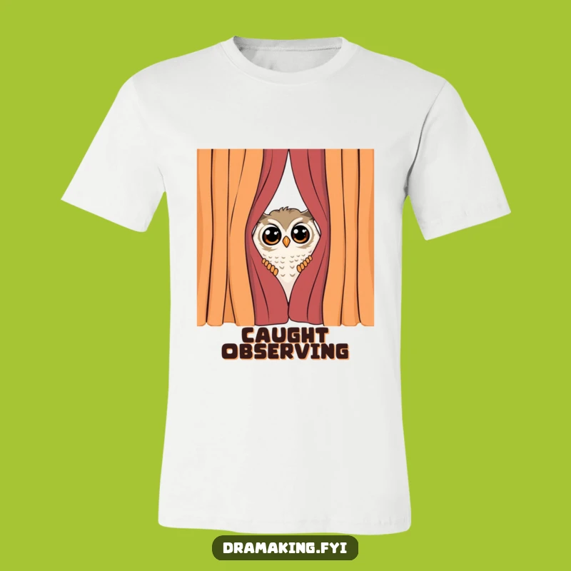 Funny Peeking Owl T-Shirt: Dramatic Curtain Surprise Design