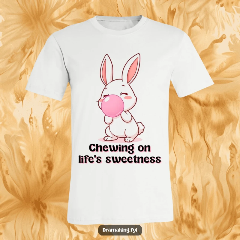 Funny t-shirt showcasing a beaming rabbit character mid-blow, creating an impressively large and colorful bubblegum bubble.