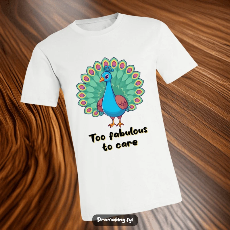 Funny peacock t-shirt featuring a regal bird with perfectly flared tail feathers, showcasing a proud and humorous stance.