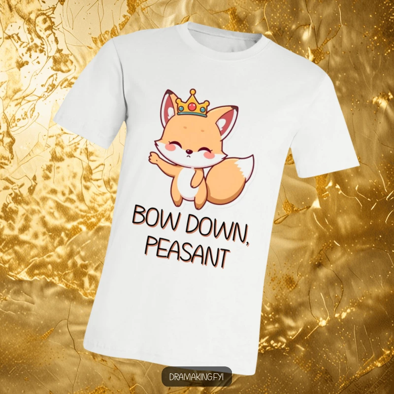 Funny Royal Fox T-Shirt, featuring a cute fox wearing a crown, striking a dramatic pose, exuding regal charm.