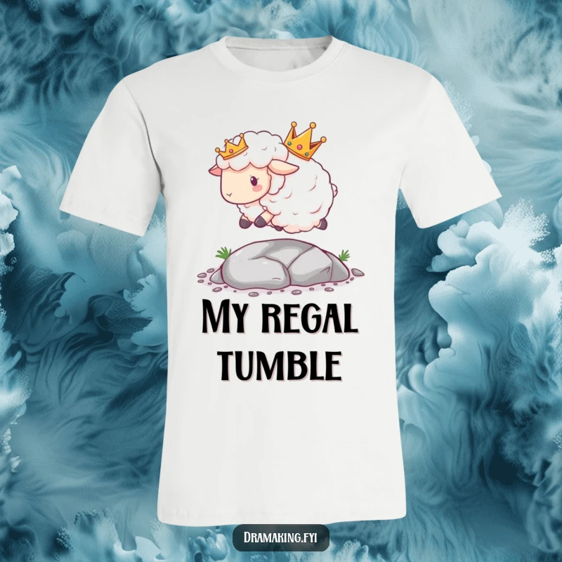Funny Sheep Crown T-Shirt featuring a fluffy sheep wearing a crown, tripping dramatically over a small pebble, ideal for humor lovers.