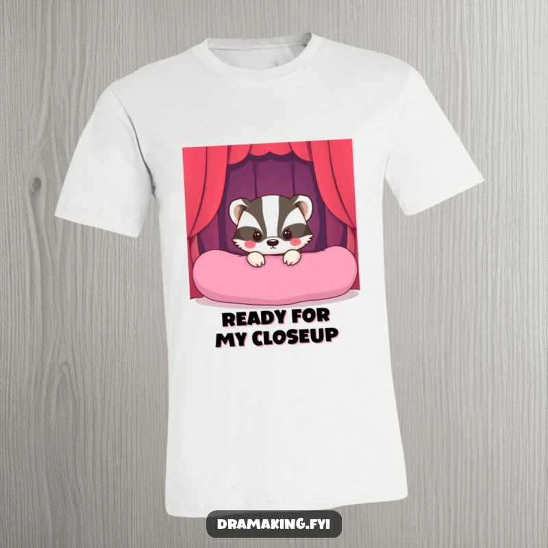 Funny Shy Badger Stage T-Shirt showcasing a timid badger peeking, ready for its hilariously dramatic entrance onto the center stage.