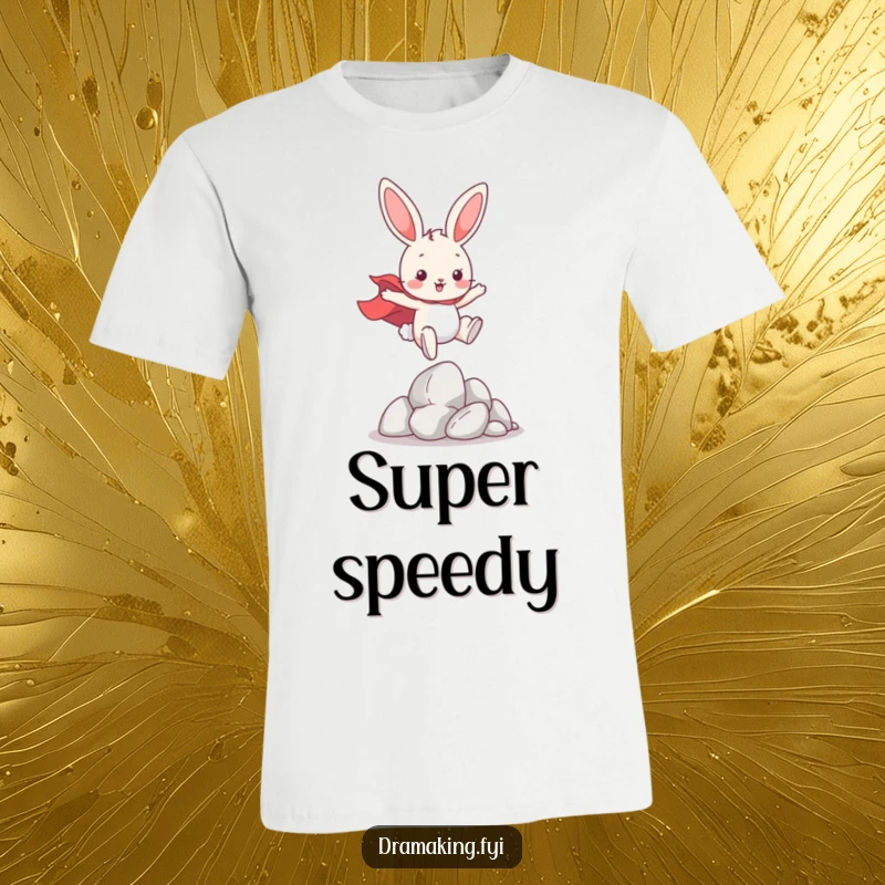 Funny Super Bunny T-Shirt, featuring a playful bunny wearing a cape, leaping over imaginary obstacles, indicating fun and agility.